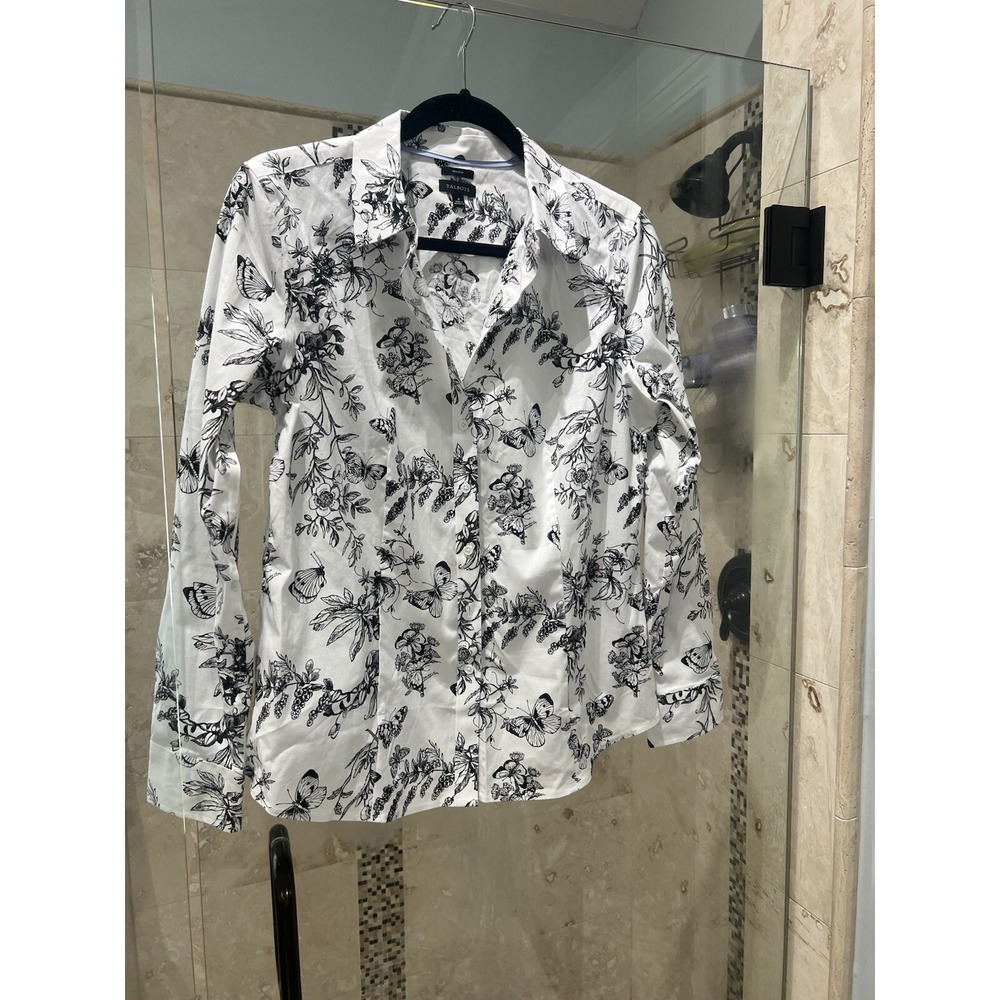 Talbots Non-Iron White Black Floral Butterfly Blouse Shirt Long Sleeve Size 8